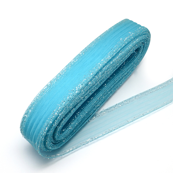 PandaHall Mesh Ribbon, Plastic Net Thread Cord, with Silver Metallic Cord, DeepSky Blue, 7cm, 25yards/bundle Plastic Blue