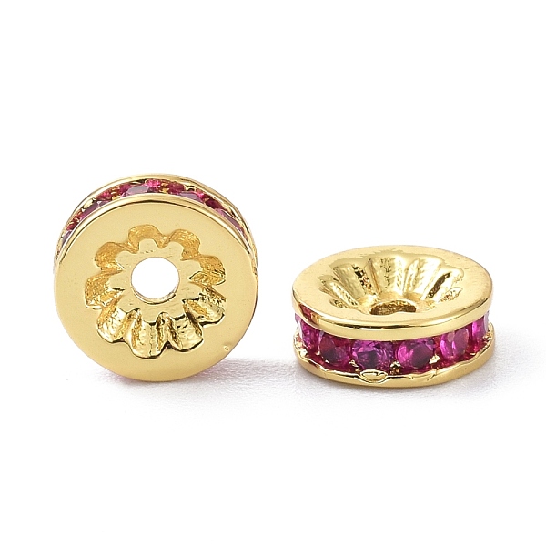 PandaHall Brass Fuchsia Cubic Zirconia Beads, Long-Lasting Plated, Lead Free & Cadmium Free, Flat Round, Real 18K Gold Plated, 8x3mm, Hole...