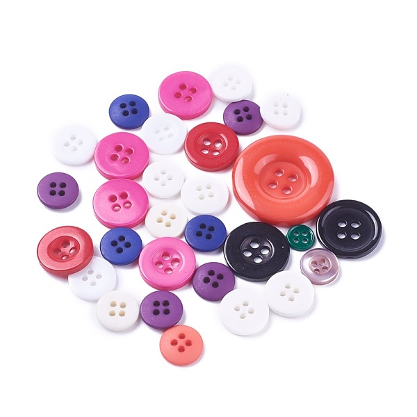 PandaHall Resin Buttons, 4-Hole, Flat Round, Mixed Color, 7.5~27.5x1.5mm, Hole: 1.4~2mm Resin Flat Round Multicolor