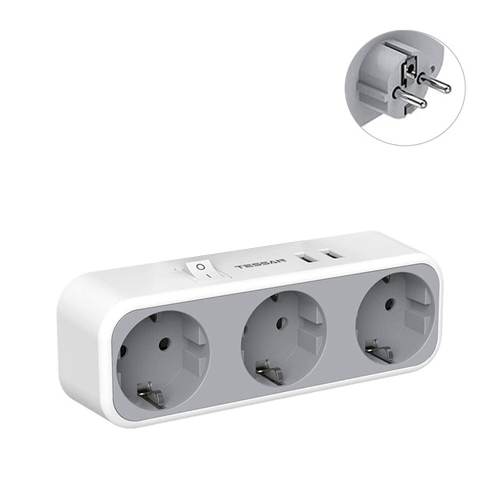 TESSAN TS-322-DE 2500W 5-in-1 EU Wall Socket Adapter with Switch/3 AC Outlets/2 USB Ports Multiple Sockets Compatible fo