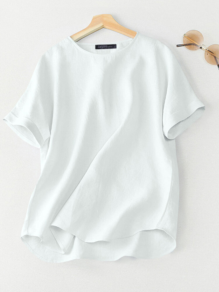 Women Solid Crew Neck Casual Short Sleeve Blouse