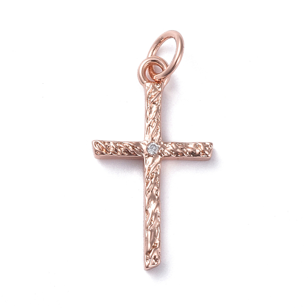 PandaHall Brass Micro Pave Cubic Zirconia Pendants, Long-Lasting Plated, Cross, Clear, Real Rose Gold Plated, 20x11x1.9mm, Hole: 3.5mm...