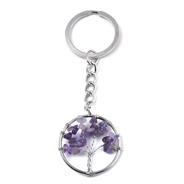 PandaHall Natural Amethyst Chips Chakra Keychain, with Platinum Plated Stainless Steel Split Key Rings, Flat Round with Tree, 90mm Amethyst...