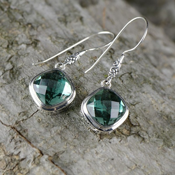 PandaHall 925 Sterling Silver Dangle Earrings, with Natural Green Quartz Bead, Faceted, Square, Silver Sterling Silver