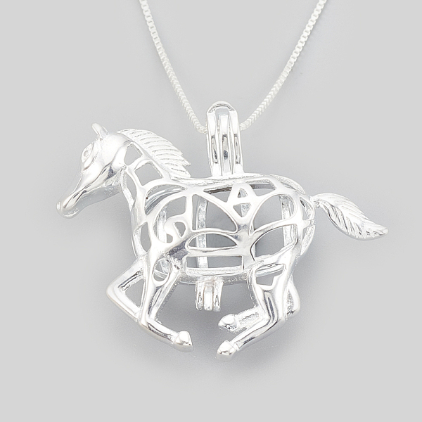 PandaHall 925 Sterling Silver Cage Pendant Necklaces, Carved 925, Horse, Silver, 16 inch(40.5cm), Inner Measure: 15.5x8.5mm Sterling Silver...