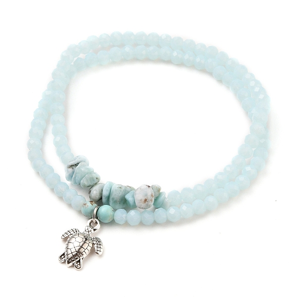 PandaHall Stretch Bracelets Sets, Stackable Bracelets, with Sea Turtle Alloy Pendants, Rondelle Glass Beads, Natural Larimar & Turquoise...