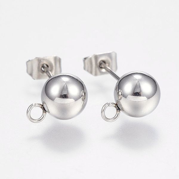 PandaHall 201 Stainless Steel Ball Stud Earring Post, Earring Findings, with Loop and 304 Stainless Steel Pins, Round, Stainless Steel Color...