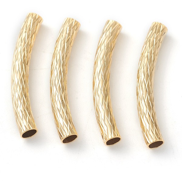 PandaHall Brass Tube Beads, Long-Lasting Plated, Curved Beads, Textured Tube, Real 24K Gold Plated, 30.5x4mm, Hole: 3mm Brass Tube