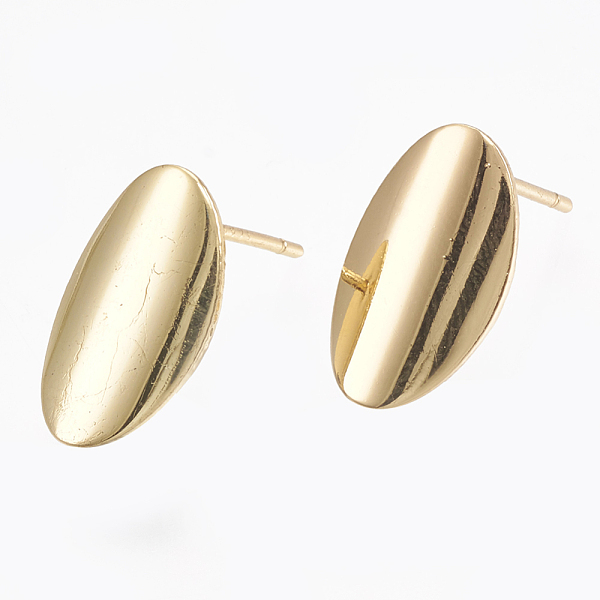 PandaHall Brass Stud Earring Findings, with Loop, Real 18K Gold Plated, Oval, 14x8mm, Hole: 2mm, Pin: 0.7mm Brass Oval