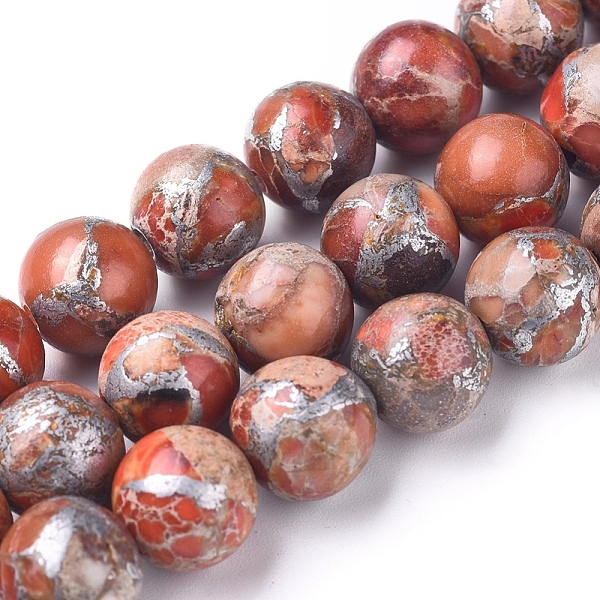 PandaHall Synthetic Silver Line Imperial Jasper Beads Strands, Dyed, Round, Orange, 9.5~10mm, Hole: 1.2mm, about 43 pcs/Strand, 15.94''(40.5...