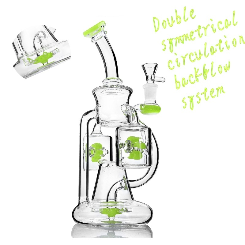 9.45&quot;tall 14mm joint Propeller Waterpipe Double Recycler Glass Bong Dab Rigs Windmill Perc Multi Percolator Heady Glass Water Pipes Green