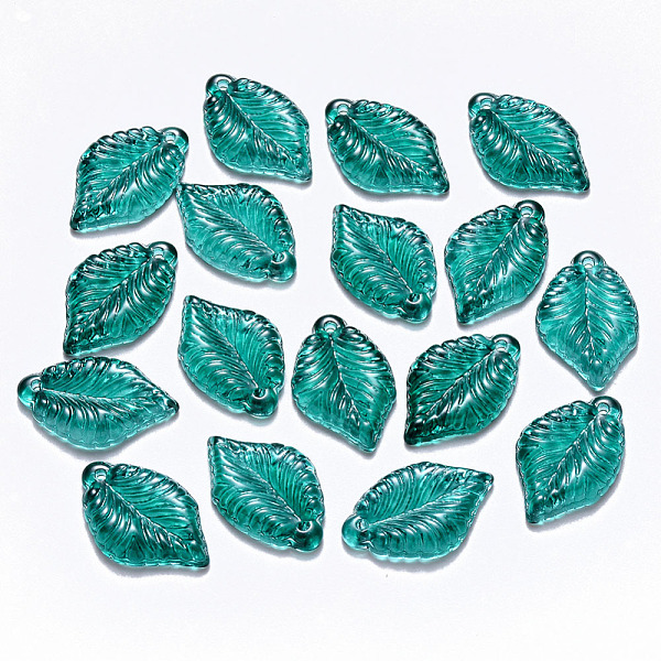 PandaHall Transparent Baking Painted Glass Pendants, Leaf, Light Sea Green, 22.5x14.5x3.5mm, Hole: 1.2mm Glass Leaf Green