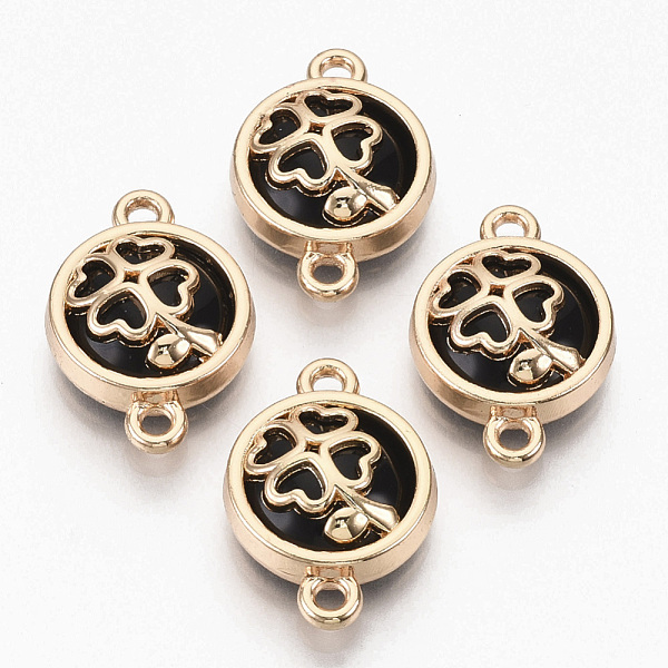 PandaHall Glass Links connectors, with Light Gold Plated Alloy Findings, Flat Round with Clover, Black, 19.5x13.5x5.5mm, Hole: 1.6mm...