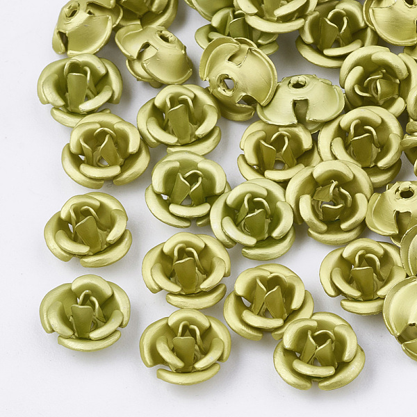 PandaHall Aluminum Beads, Frosted, Long-Lasting Plated, 3-Petal Flower, Yellow Green, 6x4.5mm, Hole: 0.8mm Aluminum Flower Green