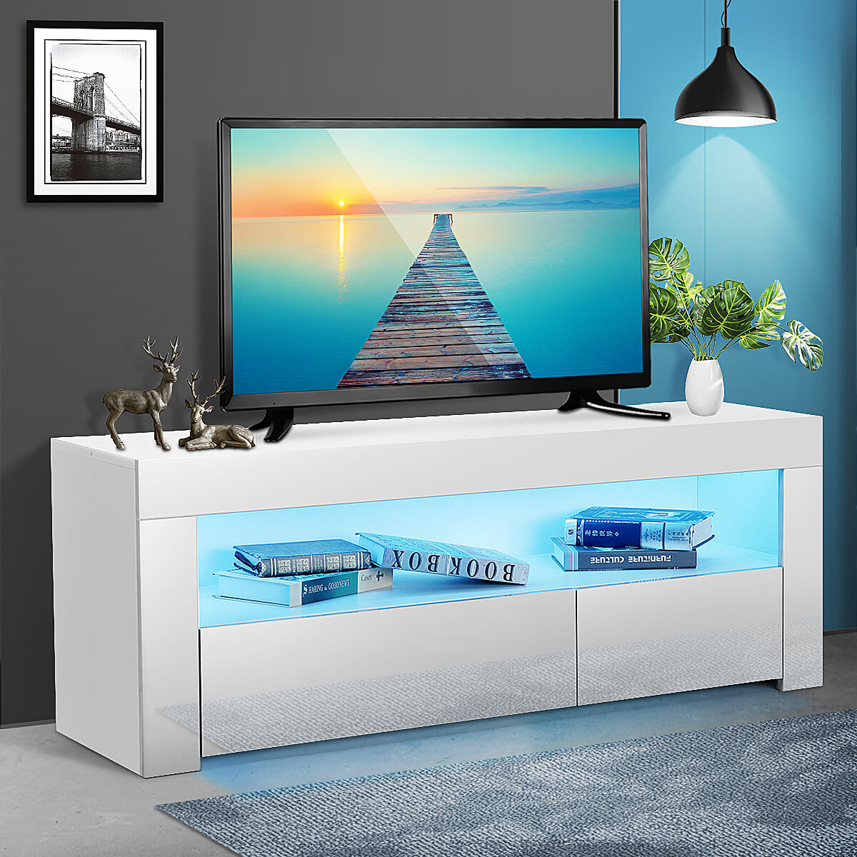 Woodyhome 47" High Gloss TV Stand with LED Lights High Storage Space TV Console HolderEasy to Install for Home Bedroom