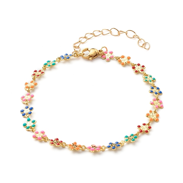 PandaHall Brass Enamel Link Chain Bracelets, Flower, Colorful, 7-1/4 inch(18.5cm) Brass