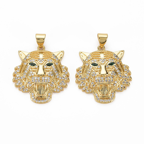 PandaHall Brass Micro Pave Clear Cubic Zirconia Pendants, Nickel Free, Tiger, Real 18K Gold Plated, 25x23x5mm, Hole: 3x5mm Brass+Cubic...