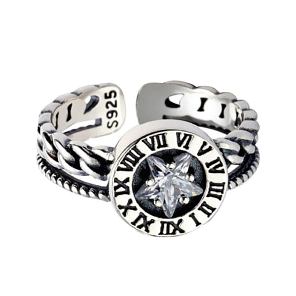 PandaHall Women's Adjustable Brass Cuff Rings, Wide Band Rings, with Star Cubic Zirconia & Roman Numbers, Antique Silver Brass
