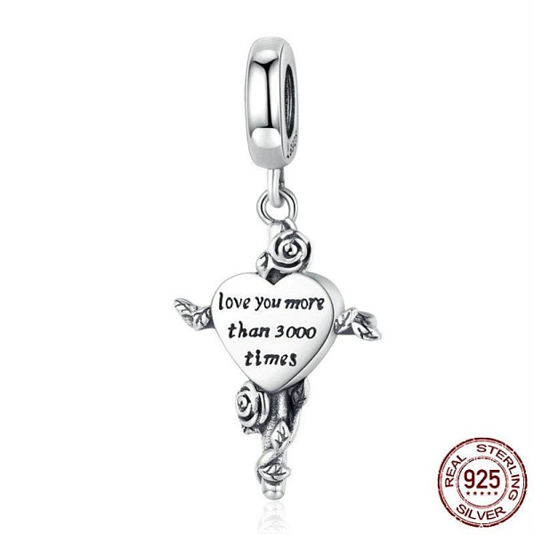 PandaHall 925 Sterling Silver European Dangle Charms, Large Hole Pendants, Heart with Word, Platinum Sterling Silver Heart