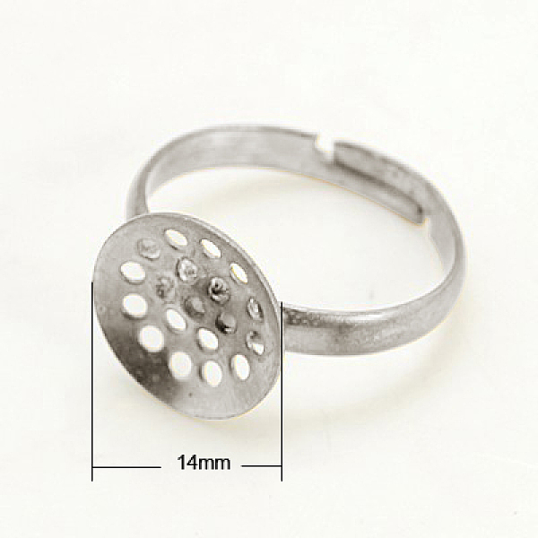 PandaHall Brass Sieve Ring Bases, Adjustable, Nickel Free, Platinum Color, 17mm, Tray: 14mm Brass