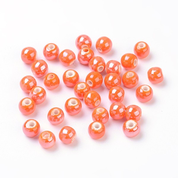 PandaHall Pearlized Handmade Porcelain Round Beads, Coral, 6mm, Hole: 1.5mm Porcelain Round Red