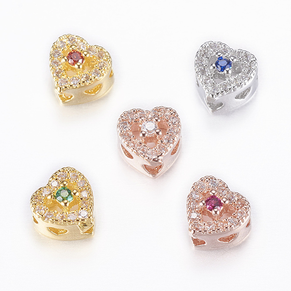 PandaHall Rack Plating Brass Micro Pave Cubic Zirconia Beads, Heart, Mixed Color, 7x7x5mm, Hole: 2mm Brass+Cubic Zirconia Heart Multicolor