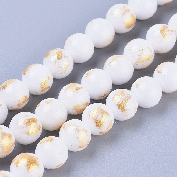 PandaHall Natural Jade Beads Strands, with Gold Foil, Dyed, Round, White, 6mm, Hole: 1mm, about 70pcs/strand, 15.75inch(40cm) Other Jade...