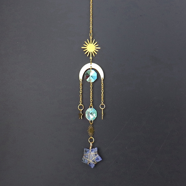 PandaHall Natural Sodalite Star Sun Catcher Hanging Ornaments with Brass Sun, for Home, Garden Decoration, Golden, 400mm Sodalite Star