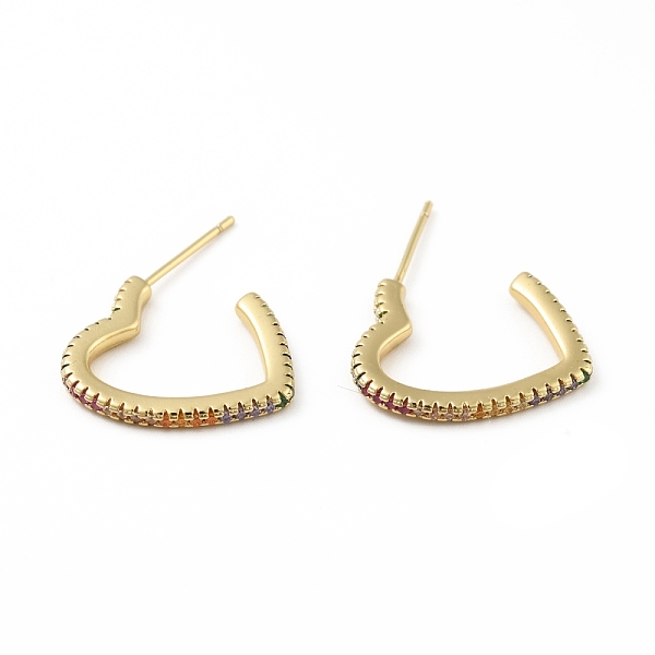 PandaHall Brass Heart Stud Earrings, Half Hoop Earrings for Women, Real 18K Gold Plated, 18x17x2mm, Pin: 0.7mm Brass Heart