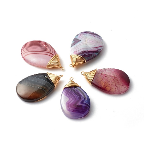 PandaHall Natural Agate Pendants, with Real 18K Gold Plated Eco-Friendly Copper Findings, Dyed, Teardrop, Mixed Color, 46~51.5x27~30x8~9mm...