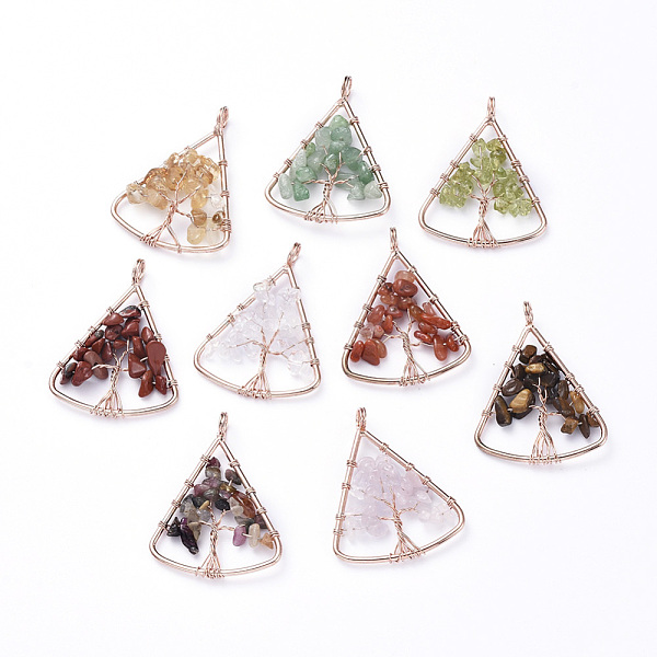 PandaHall Long-Lasting Plated Brass Pendants, Wire Wrapped Pendants, with Natural Mixed Gemstone Chips, Triangle with Tree, Rose Gold...