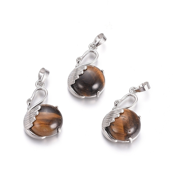 PandaHall Natural Tiger Eye Pendants, with Platinum Tone Brass Findings, Swan, 30.8x18.8x8.5mm, Hole: 7x5mm Tiger Eye Other Animal