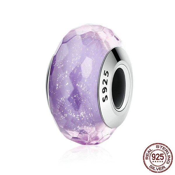 PandaHall 925 Sterling Silver European Lampwork Beads, Large Hole Beads, Faceted Rondelle, Purple, Platinum Sterling Silver Rondelle Purple