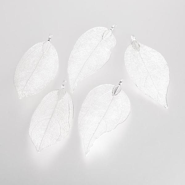 PandaHall Electroplated Natural Leaf Big Pendants, with Iron Findings, Silver Plated, 70~100x30~50x1mm, Hole: 3x6mm Iron+Other Material Leaf