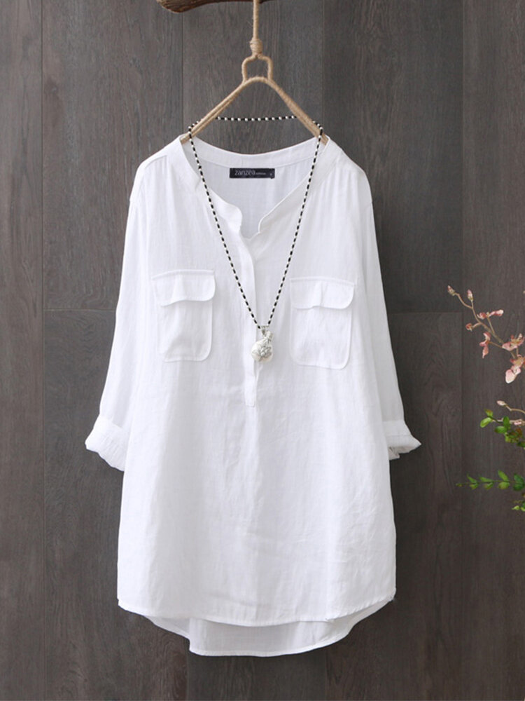 100% Cotton O-Neck High Low Front Pockets Casual Loose Shirt For Women