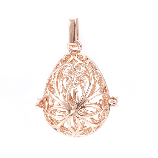 PandaHall Rack Plating Brass Cage Pendants, For Chime Ball Pendant Necklaces Making, Hollow Teardrop with Flower, Rose Gold, 34x27x22mm...