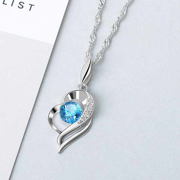 PandaHall 925 Sterling Silver Pendant Necklaces, with Cubic Zirconia, Heart, Deep Sky Blue, Platinum Sterling Silver