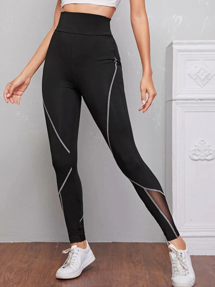 Women Patch Line Print Elastic Waist Bodycon Sport Casual Leggings