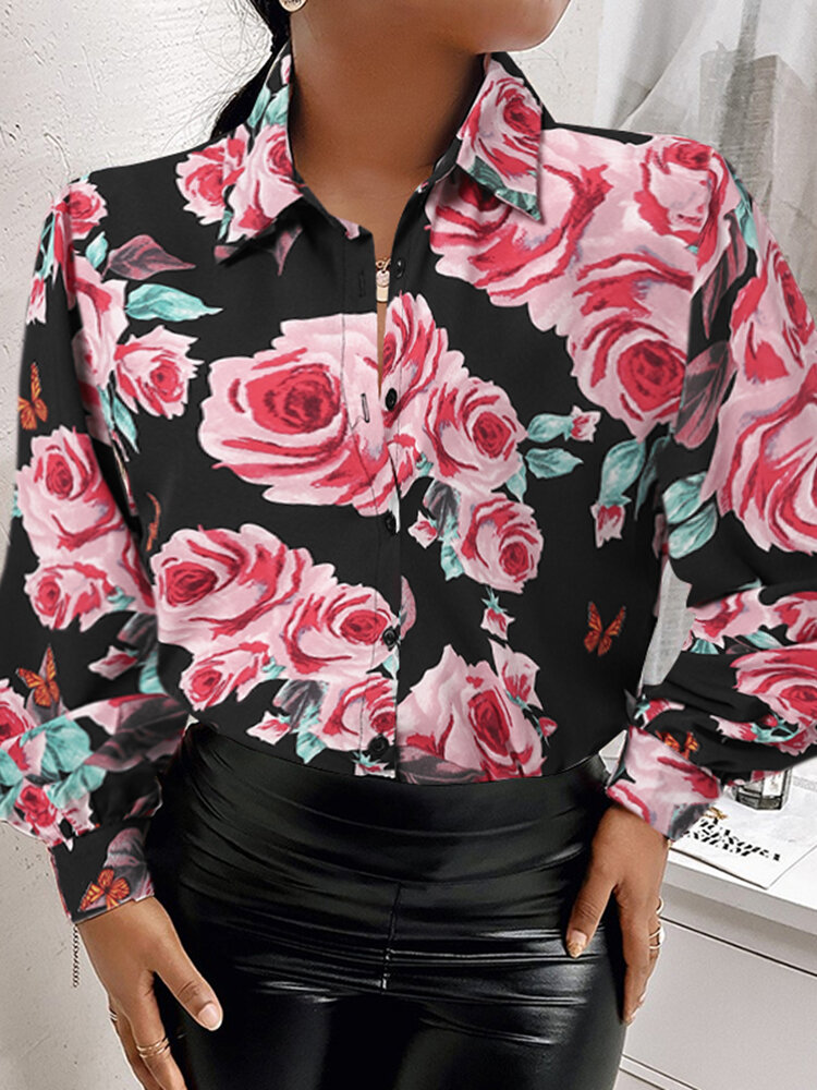 Lantern Sleeve Flower Button Lapel Rose Print Shirt