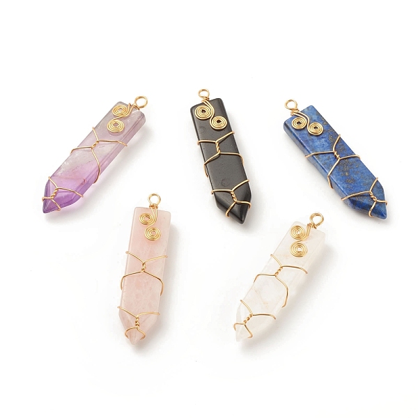 PandaHall Natural Mixed Gemstone Pointed Pendants, with Golden Tone Copper Wire wrapped, Sword, 58~60.5x14~15x7.5~9mm, Hole: 3~3.5mm Mixed...