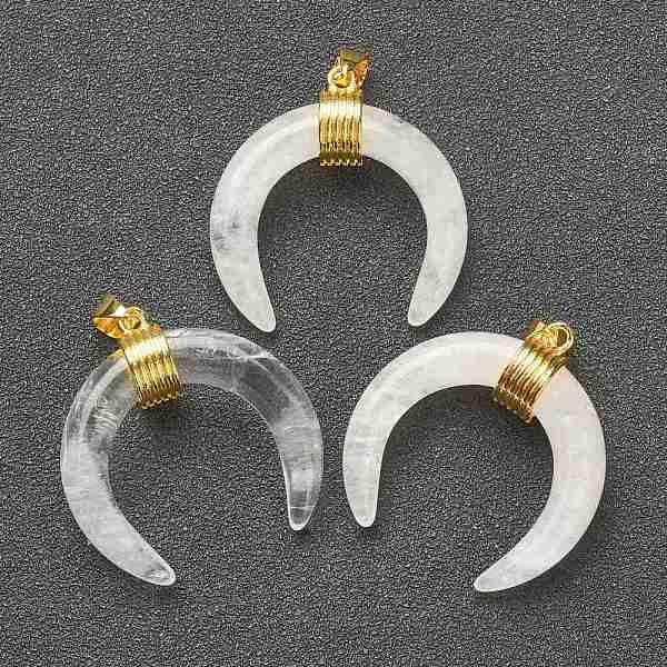 PandaHall Natural Quartz Crystal Pendants, with Golden Brass Findings, Double Horn/Crescent Moon, 31~33x30x10mm, Hole: 6x4mm Quartz Crystal...