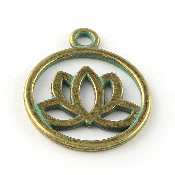 PandaHall Flat Round with Lotus Zinc Alloy Pendants, Cadmium Free & Lead Free, Antique Bronze & Green Patina, 24x20x1.5mm, Hole: 2.5mm Alloy...