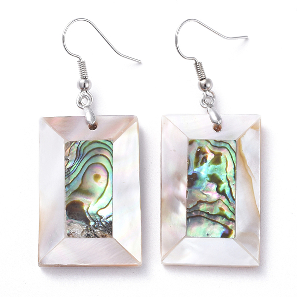 PandaHall White Shell & Abalone Shell/Paua Shell Dangle Earrings, with Brass Ice Pick Pinch Bails and Earring Hooks, Rectangle, Platinum...