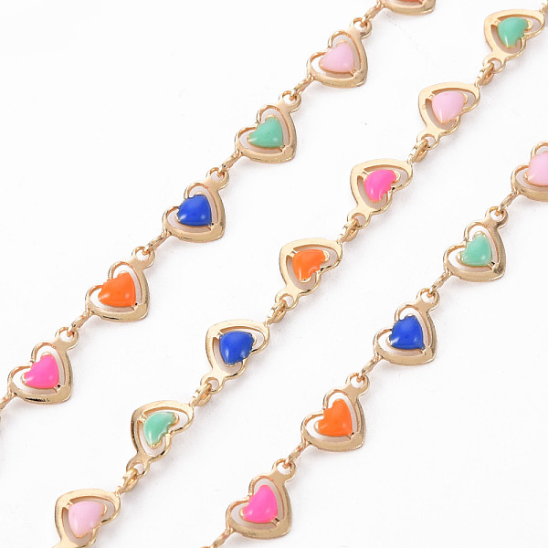 PandaHall Handmade Brass Link Chains, with Enamel, Soldered, Spool, Heart, Real 18K Gold Plated, Colorful, 10x4.5x1.5mm, about 16.4 Feet...