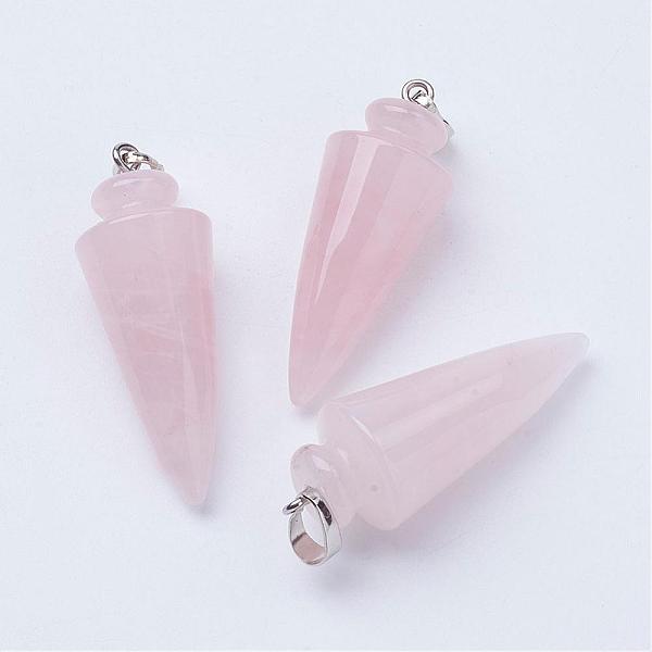 PandaHall Natural Rose Quartz Pendants, with Platinum Tone Brass Findings, Cone/Spike/Pendulum, 43~45x16mm, Hole: 5x7mm Rose Quartz Cone