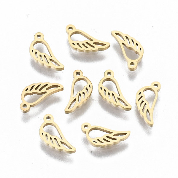 PandaHall 304 Stainless Steel Charms, Laser Cut, Wing, Real 14K Gold Plated, 8.5x4x1mm, Hole: 0.7mm 304 Stainless Steel Wing