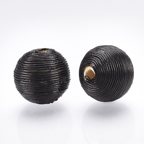 PandaHall Wood Beads Covered with Polyester Cord Wire, Round, Black, 19.5~20.5x19~20mm, Hole: 3.5~4.5mm Polyester Round Black