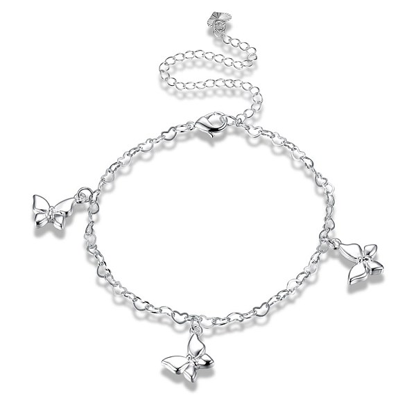 PandaHall Trendy Brass Charm Anklets, Heart Link Chain with Butterfly, Silver, 7-7/8 inch(200mm) Brass