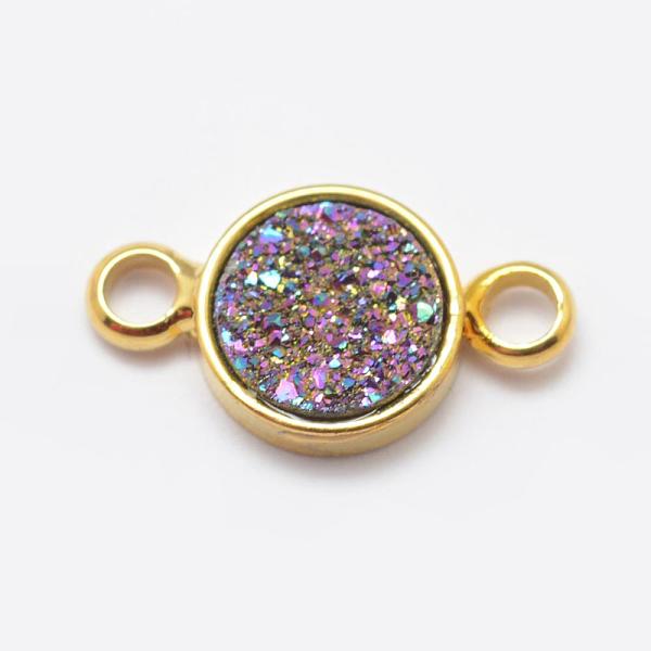 PandaHall Electroplated Natural Druzy Agate Links Connectors, with Brass Findings, Flat Round, Golden, Medium Orchid, 13x7x2.5mm, Hole: 2mm...