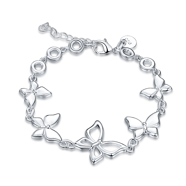 PandaHall Brass Butterfly Link Bracelets, with Lobster Claw Clasp, Silver Color Plated, 7-7/8 inch(20cm) Brass